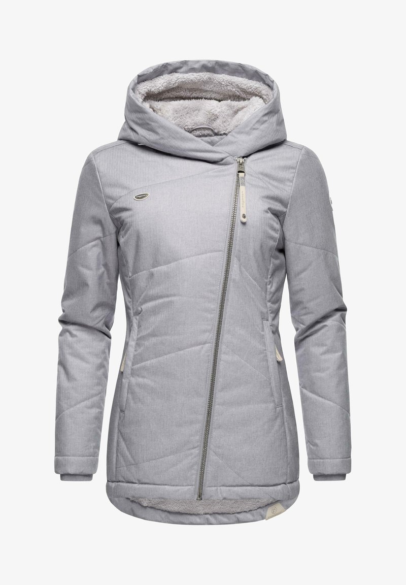 Grå isoleret jakke med hætte, lynlås foran, blød indvendig foring, geometrisk quiltet mønster og sidelommer.