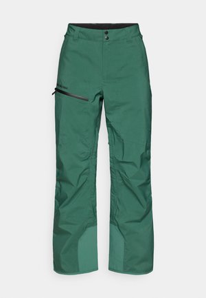Zelené voděodolné lyžařské kalhoty s přímým střihem nohou, vybavené kapsou na zip a zesílenými spodními panely pro zvýšenou odolnost.