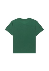 T-shirt di cotone verde con maniche corte, scollo rotondo e una texture uniforme. Nessun motivo o accento visibile sulla vista posteriore.