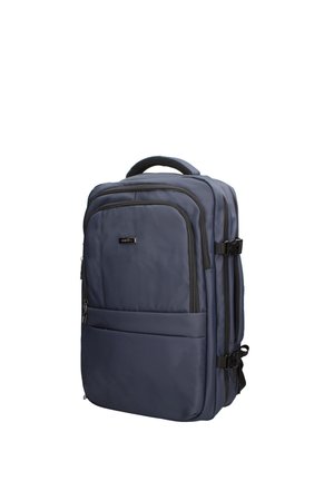 Sac à dos bleu marine avec plusieurs compartiments zippés, une poignée supérieure et des sangles latérales réglables sur fond blanc.