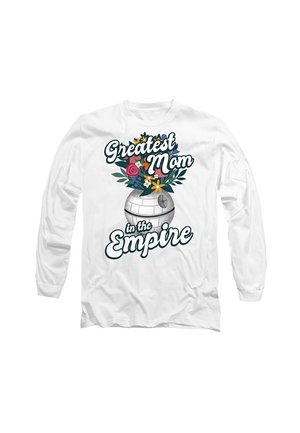 Weißes Langarmshirt mit einem grafischen Design, das Blumen und den Text "Beste Mama im Imperium" in grüner und schwarzer Typografie zeigt.