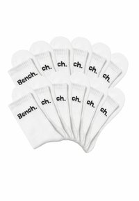 White cotton ankle socks in a pack of 12, featuring "Bench." logo in black, ribbed texture, and smooth finish.