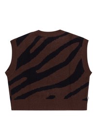 Brauner Strickwesten mit dunkelblauem Zebra-Streifenmuster, geripptem Ausschnitt und Saum, ärmelloses Design, weiche Textur.