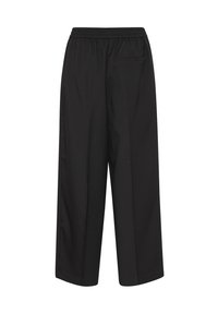 Zwarte wijde broek van een gladde stof met een elastische tailleband en een enkele achterzak. Schoon, minimalistisch ontwerp.