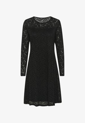 Rochie neagră din dantelă cu mâneci lungi, corset ajustat și fustă evazată. Prezintă un model floral complicat și un decolteu rotund.