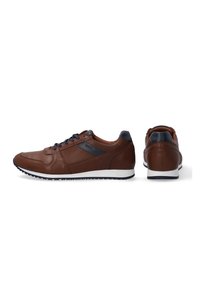 Brown leather sneakers with navy accents, lace-up design, and a white rubber sole. Features a smooth texture and contrasting panel details.