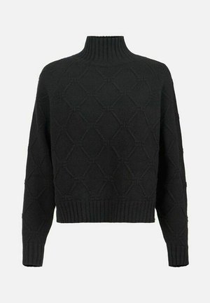 Maglione nero con collo alto a coste, caratterizzato da un motivo a rombi strutturato, spalle scese e polsini e orlo a coste.