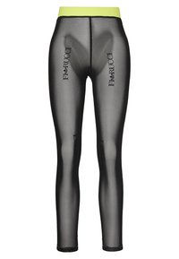 Leggings neri in trasparenza con una fascia in neon giallo, dotati di branding stampato sulle gambe e orli neri a contrasto ai polsini.