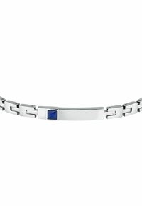 Bracciale in acciaio inossidabile con maglie rettangolari, finitura lucida e un accento di pietra squadrata blu al centro.
