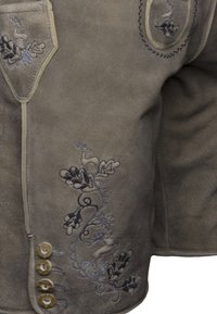 Suede garment in grey with intricate blue and black embroidery featuring leaves and a bird design. Five wooden buttons along the front.
