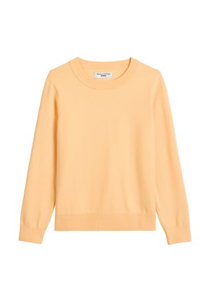 Jasnożółty, długi sweter z dzianiny z długim rękawem, zaokrąglonym dekoltem oraz ściągaczami na dole i przy mankietach. Tkanina wydaje się miękka i gładka.