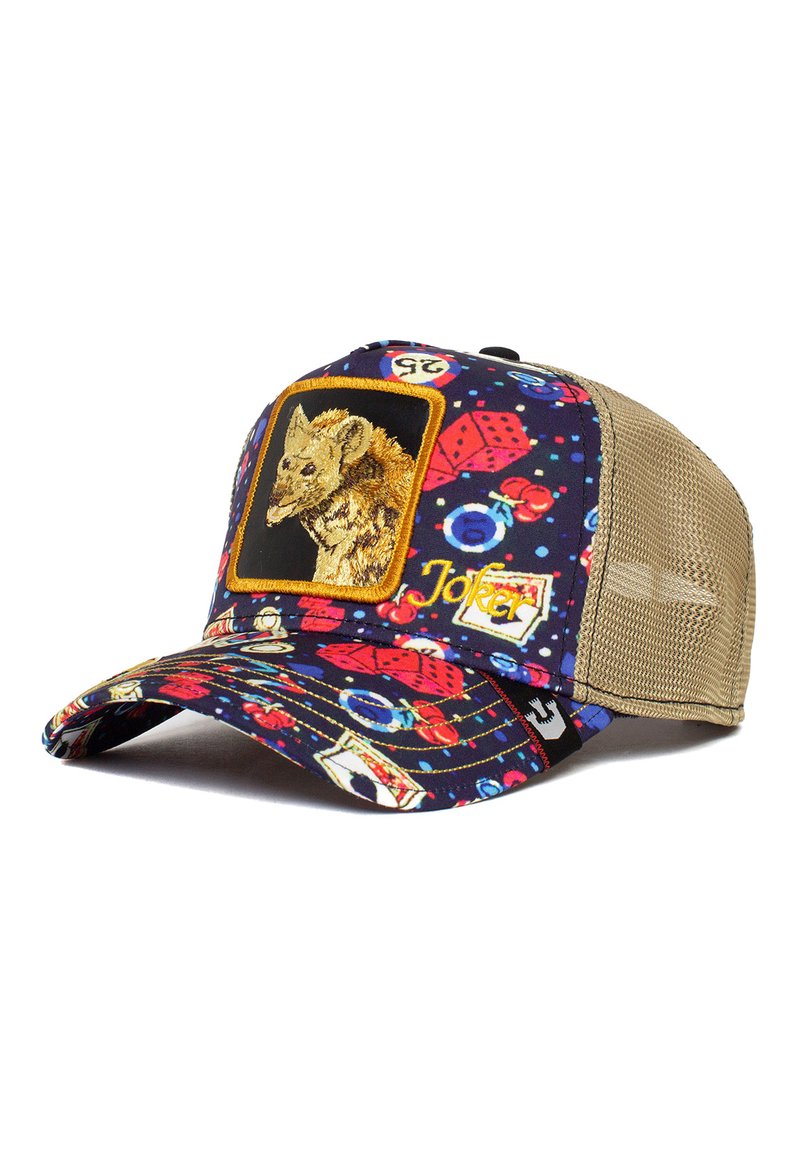 Die Kappe hat ein buntes Muster mit blauen, roten und gelben Akzenten. Die Vorderseite hat ein besticktes Hyänen-Patch und einen beigen Netzrücken.