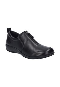 Černá kožená obuv na slip-on s zipovým uzávěrem, zaoblenou špičkou a texturovanou gumovou podrážkou pro lepší grip. Zajímavé detaily zahrnují zadní poutko.
