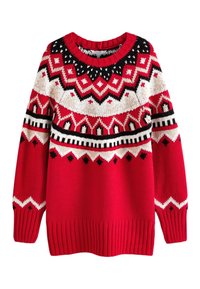Pull rouge en maille avec encolure ronde et manches longues. Présente des motifs géométriques en noir et blanc sur le corps et les manches.