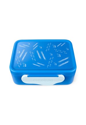 Blaue rechteckige Lunchbox mit strukturierten Oberflächen und weißen Mustern. Sicherer, weißer Verschluss. Hergestellt aus strapazierfähigem Kunststoffmaterial.