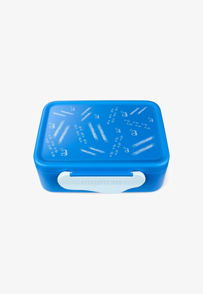 Blue rectangular lunch box with a textured surface featuring white patterns. Secure white closure. Made of durable plastic material.