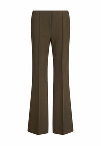Pantaloni marroni svasati in tessuto liscio, con una piega frontale e un taglio sartoriale per un aspetto strutturato. Senza abbellimenti visibili.