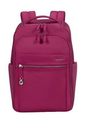 Solider pinker Rucksack mit vordertasche mit Reißverschluss, gepolsterten Schultergurten, Tragegriff oben und Samsonite Markenlabel auf der Front.