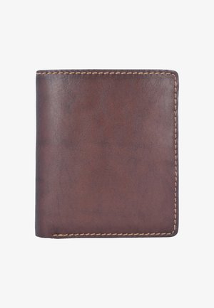 Brown leather wallet with a smooth texture, rectangular shape, and visible stitching along the edges. No design patterns or hardware.