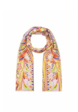 Lange lichte sjaal met felle gele, oranje, paarse en groene ingewikkelde bloemen- en paisley-patronen op een lichtroze achtergrond.