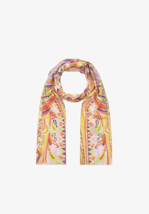 Lange lichte sjaal met felle gele, oranje, paarse en groene ingewikkelde bloemen- en paisley-patronen op een lichtroze achtergrond.