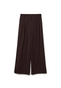 Pantalones de pierna ancha marrones hechos de una tela suave, con pliegues frontales, cierre de botón y dos bolsillos laterales.