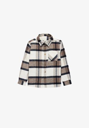 Chemise à manches longues à carreaux marron, crème et noir avec boutons sur le devant, poche poitrine et col classique.