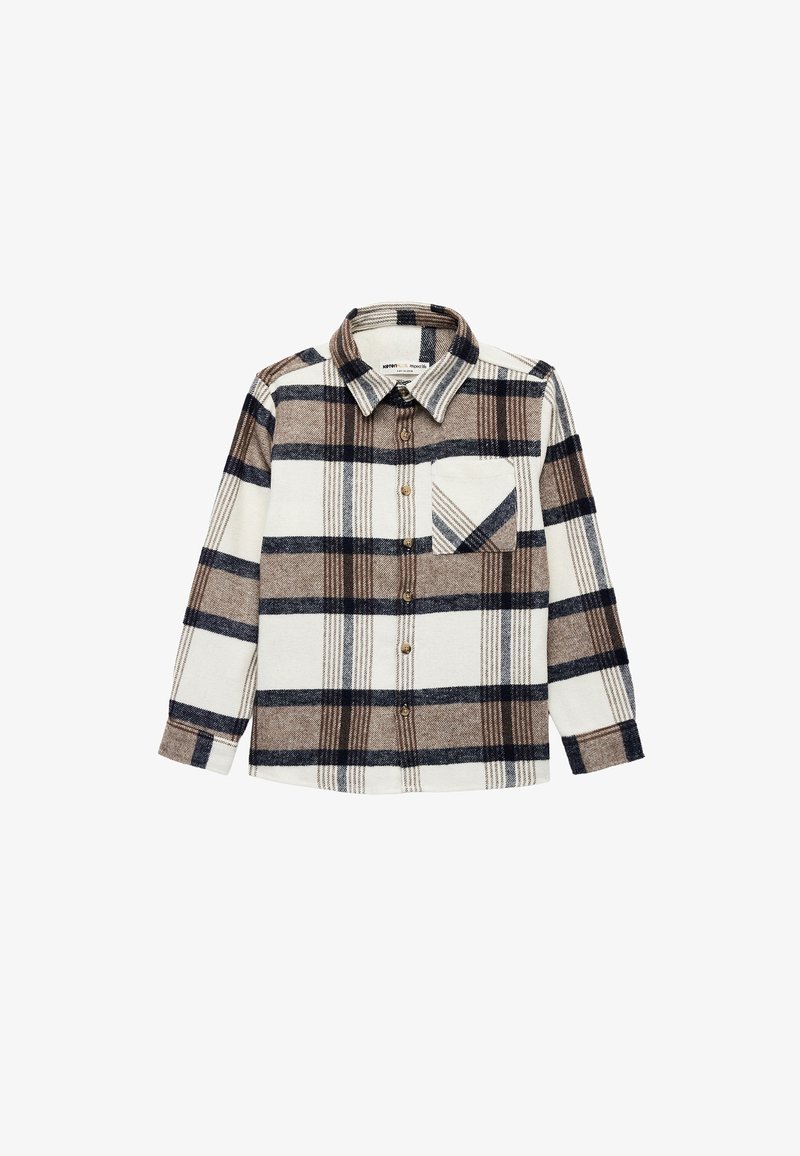 Chemise à manches longues à carreaux marron, crème et noir avec boutons sur le devant, poche poitrine et col classique.