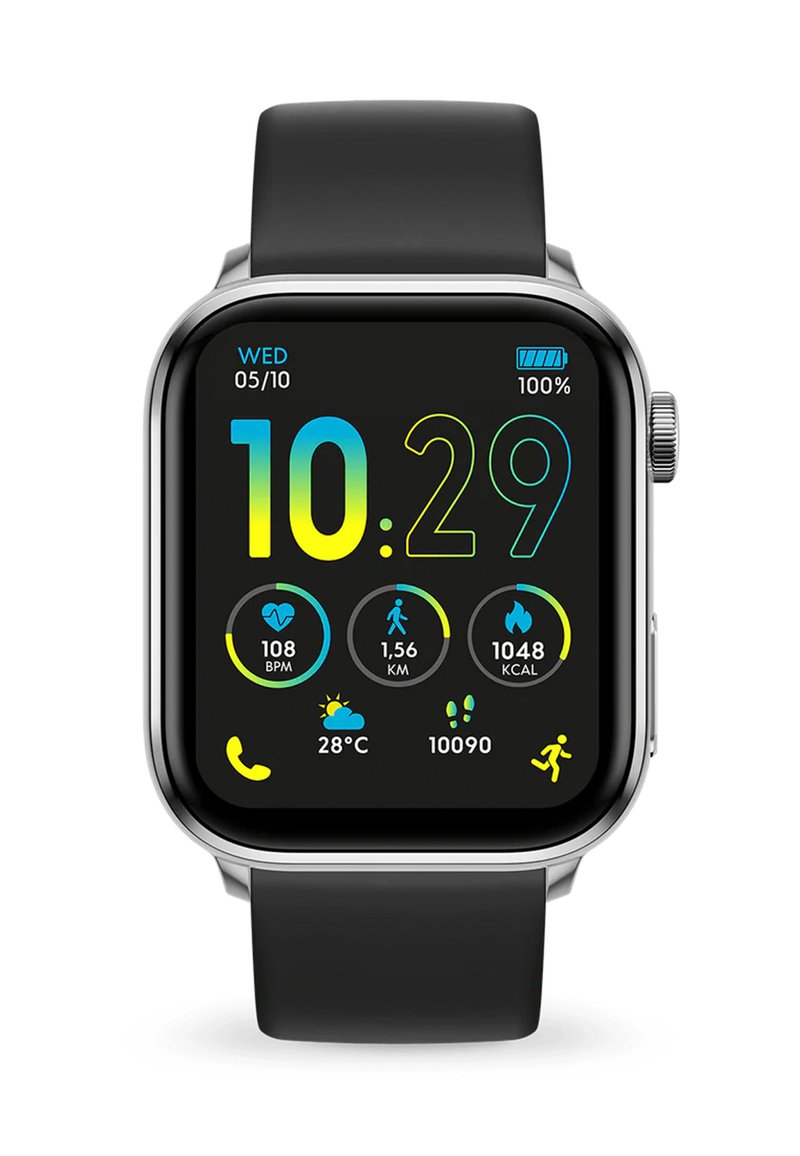 Smartwatch with a rectangular black screen displaying vibrant icons and numbers. Silver frame, black strap, shows time, heart rate, distance, and calories.