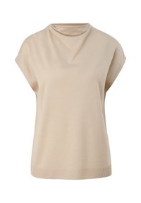 Haut sans manches en maille beige avec un col montant doux et drapé et un ourlet côtelé.