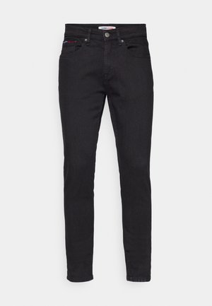 Zwarte denim jeans met een slim fit, vijf zakken ontwerp en subtiele rode en witte accenten op de voorzak.