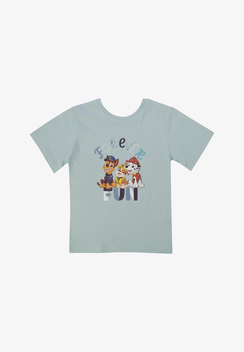 Camiseta de manga corta azul claro con dibujos de perros de dibujos animados y el texto "Diversión Eterna" en letras multicolores. Material suave de algodón.