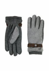 Graue Strickhandschuhe mit einem gerippten Bündchen, braunen Lederakzenten und einem Druckknopfverschluss. Sie verfügen über eine glatte Textur und ein einfaches Design.