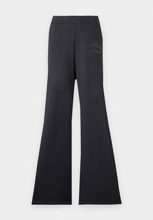 Zwarte wijde broeken met een elastische tailleband, gemaakt van zachte stof. Bevat een geborduurd logo in een contrasterende kleur aan de zijkant.