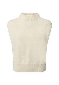 Short, sleeveless sweater in cream with a textured knit pattern. Features a high ribbed collar and ribbed hem. Soft, lightweight material.