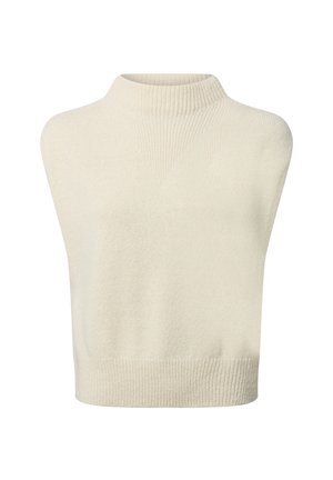 Kurzer, ärmelloser Pullover in Creme mit einem strukturierten Strickmuster. Mit hohem Rippkragen und geripptem Saum. Weiches, leichtes Material.