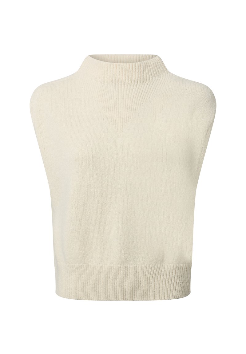 Short, sleeveless sweater in cream with a textured knit pattern. Features a high ribbed collar and ribbed hem. Soft, lightweight material.