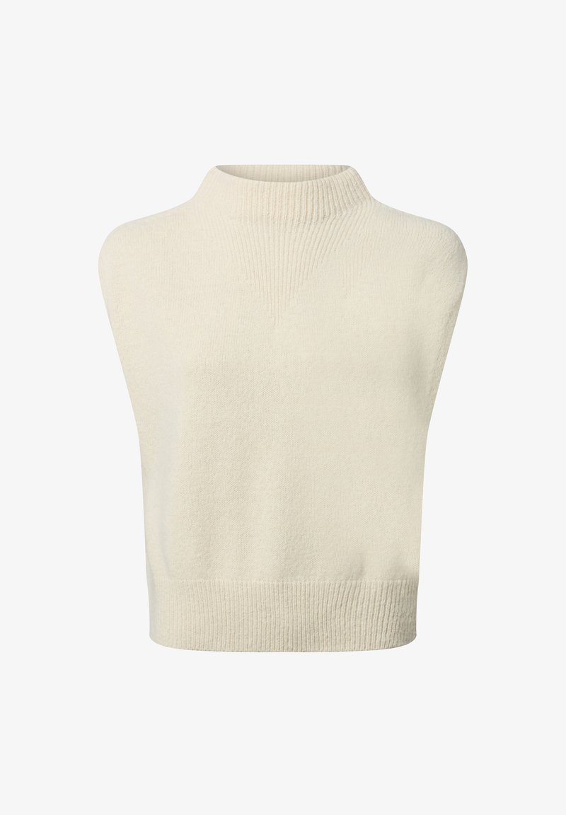 Short, sleeveless sweater in cream with a textured knit pattern. Features a high ribbed collar and ribbed hem. Soft, lightweight material.