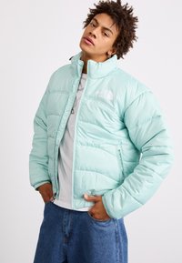 Giacca puffer verde menta con collo alto, chiusura zip, motivo a righe orizzontali e piccolo logo bianco sul lato sinistro del petto.