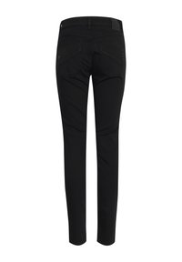 Blugi din denim negru cu un design mulat, având două buzunare în spate și o talie netedă. Materialul are o textură moale și un luciu ușor.