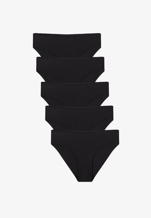 Mutande bikini nere in un set di cinque. Caratterizzate da un tessuto liscio e elasticizzato, con una vita alta e un design minimalista.