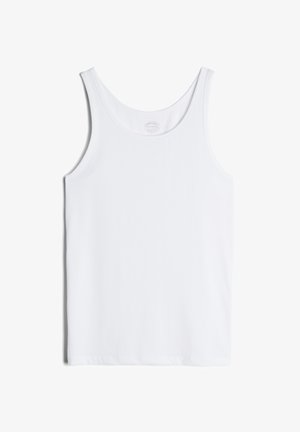 Canottiera bianca in cotone, senza maniche, con scollo rotondo. Tessuto liscio e design semplice, priva di fantasie o decorazioni.