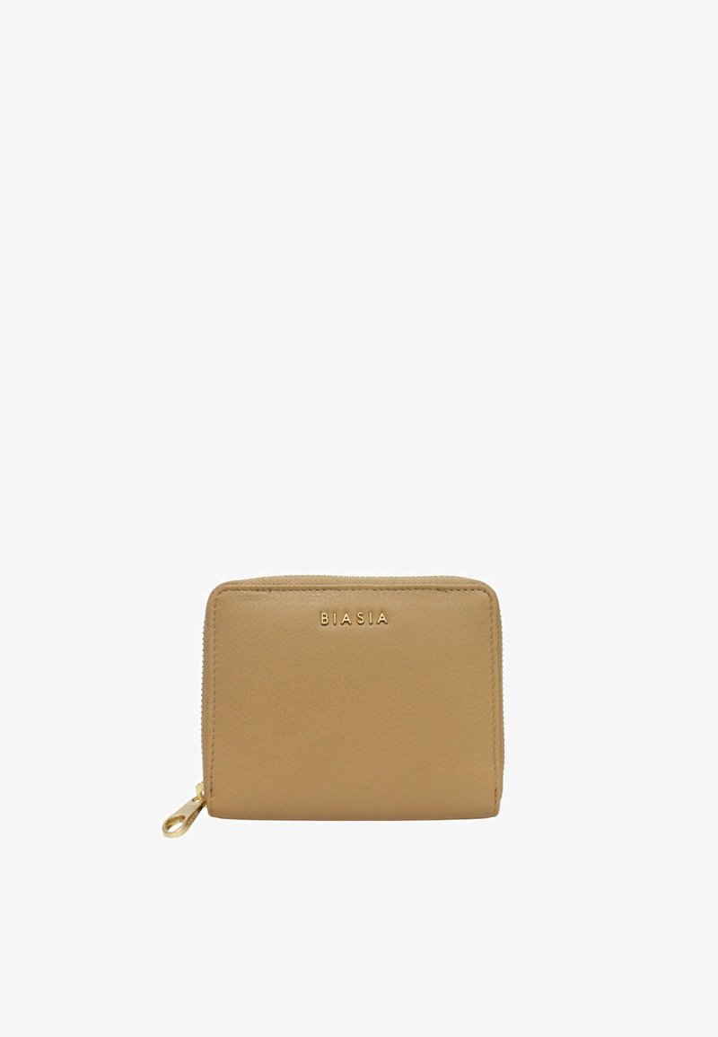 Portafoglio in pelle color cuoio con forma rettangolare, dotato di una zip dorata e logo "BIASIA" in rilievo sul fronte. Tessuto liscio, design minimalista.