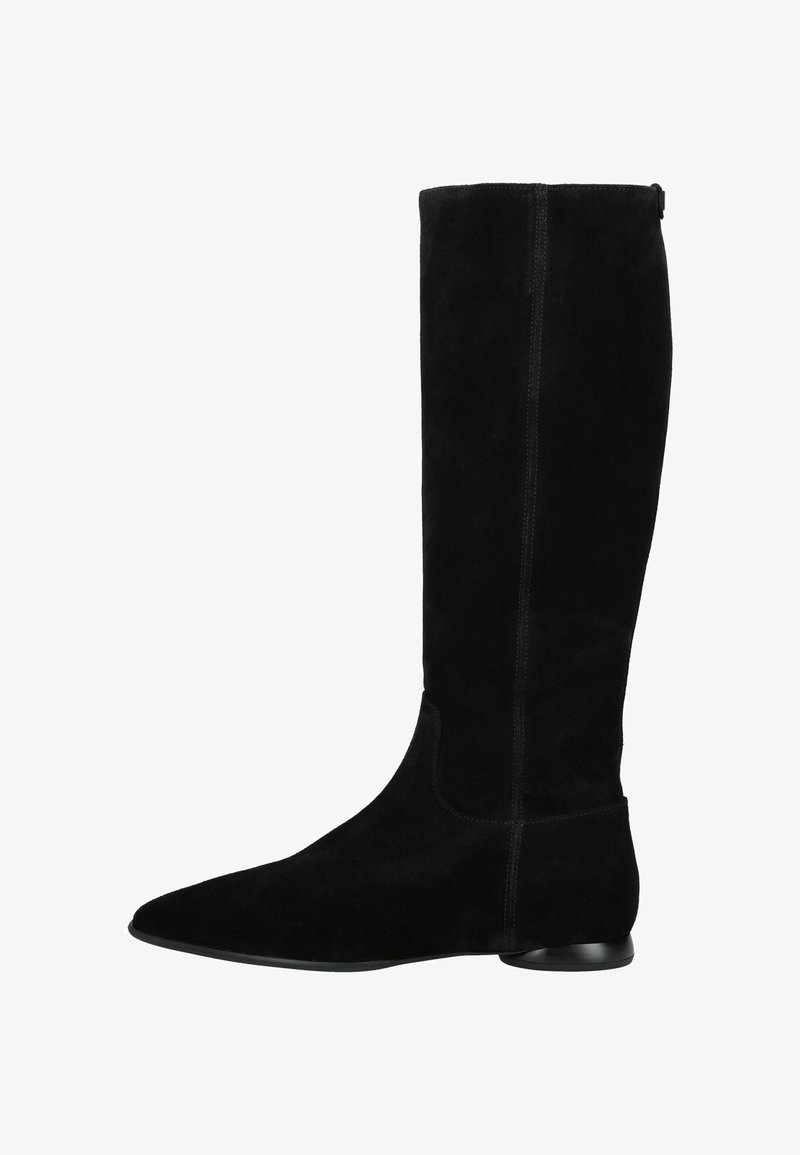 Bottes en suède noires jusqu'aux genoux avec un bout pointu, une texture lisse et un talon plat noir. Dotées de coutures minimalistes et d'une fermeture éclair latérale discrète.