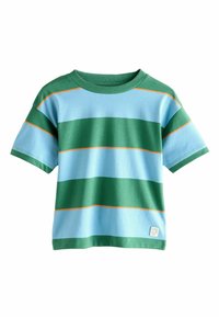 Īsroku kokvilnas T-krekls ar horizontālām svītrām zaļā, gaiši zilā un oranžā krāsā. Klasiska apaļa kakla izgriezums; brīvs piegriezums.