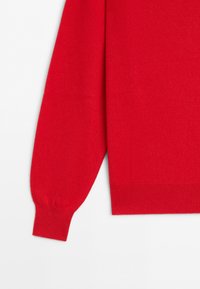 Pull rouge à manches longues avec poignets et ourlet côtelés, présenté sur fond blanc. Seuls la manche gauche et le bord inférieur sont visibles.