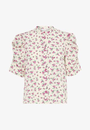 Floral button-up blouse with short puff sleeves. Made of light fabric featuring pink and green flower patterns on a cream background.