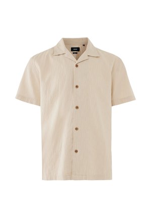 Beige overhemd met korte mouwen, een campkraag en vijf bruine knopen aan de voorkant.