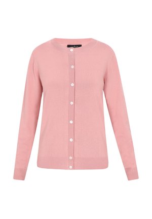 Cardigan rose clair en matière douce, avec un col rond, une fermeture à bouton sur le devant, et des manches longues avec des poignets et un ourlet côtelés.