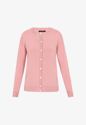Cardigan rose clair en matière douce, avec un col rond, une fermeture à bouton sur le devant, et des manches longues avec des poignets et un ourlet côtelés.
